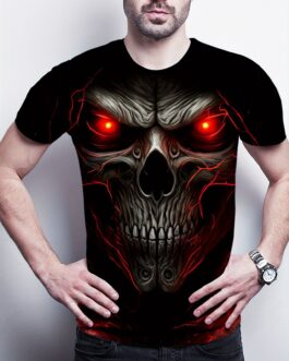 3D Skull Print, Men’s Graphic Design Crew Neck Active T-shirt